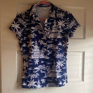 Navy and White Tropical Print Blouse